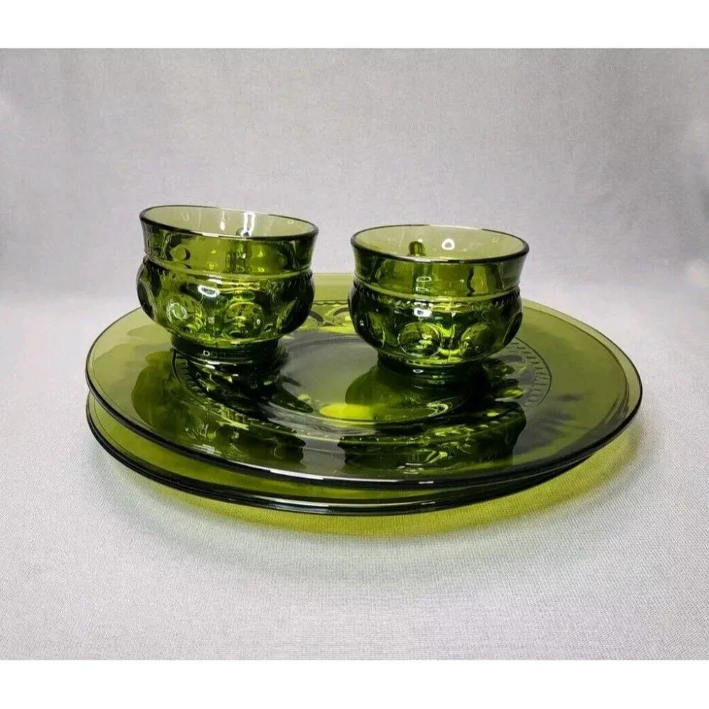 Snack Plates & Cups Indiana Glass King's Crown Thumbprint Avocado Green Vintage - Picture 2 of 8